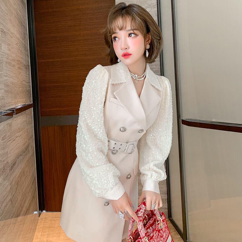 カラーダブルブレストベルト ウェストドレス オータム 秋物 ハーネス MIUCO47554950364