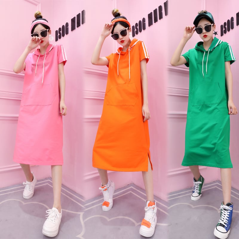 レディース サイドラインパーカーワンピース フード ピンク/オレンジ/グリーン 韓国ファッション オルチャン Candy Color Hooded  Loose Dress (DCT-567270415970_a) Value Rave Notice(バリューレイヴノーティス)  韓国ファッションやハワイアンジュエリーなど海外通販