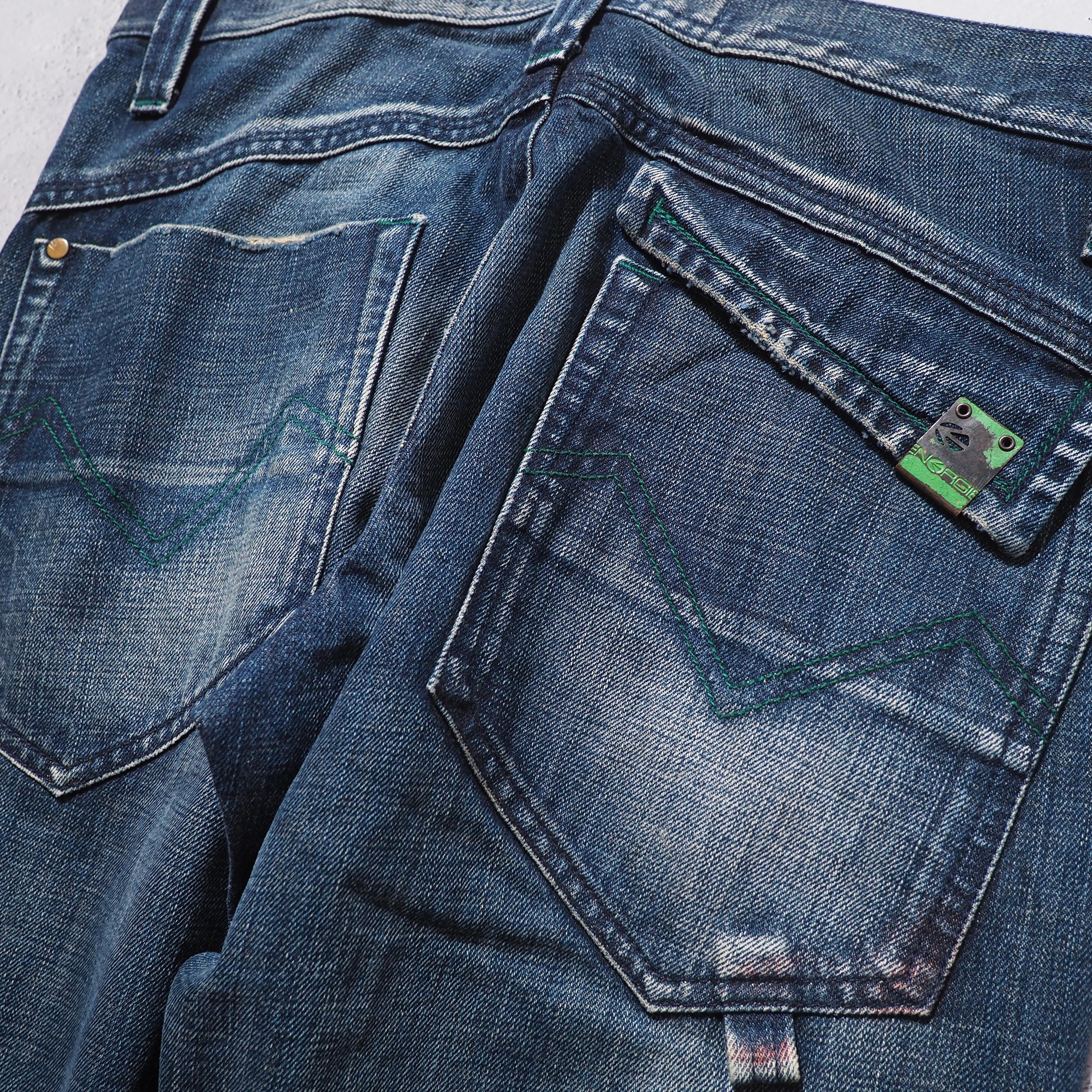 " ENERGIE " Good Fade Aging × Green stitch Embroidery vintage Denim pants (made in Italy)