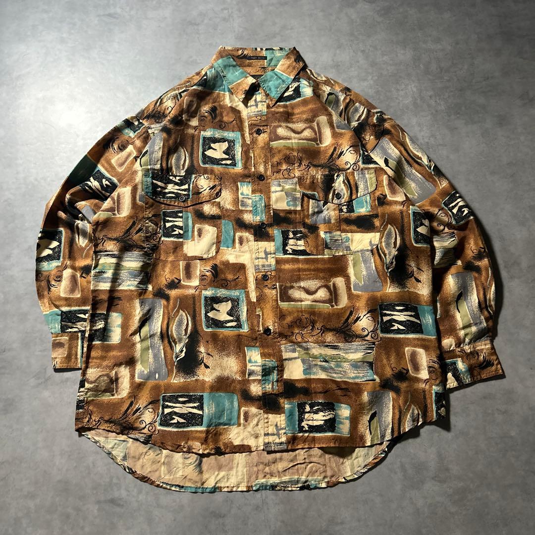 ヴィンテージ シルク ブラウン アートパターン レトロ デザイン シャツ
