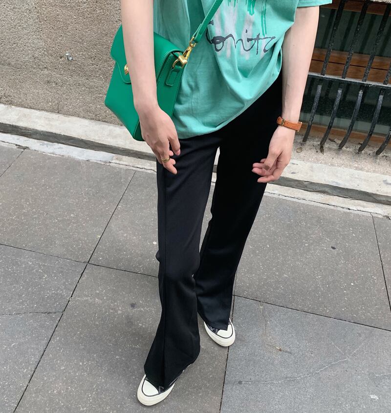 薄手ロングスリットパンツ ストレッチウェストブラックカジュアルレディース レッド エラスティック 伸縮 ビッグFスモールZ韓国30820164970