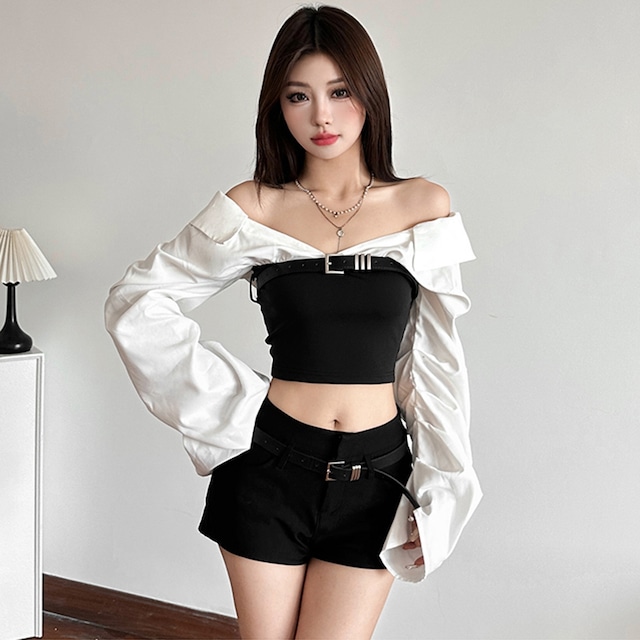 ♥美しい鎖骨、ボートネックのTシャツ！【KLIOUシリーズ】★トップス★ Tシャツ 肩出し セクシー ミニ丈 レディース 配色