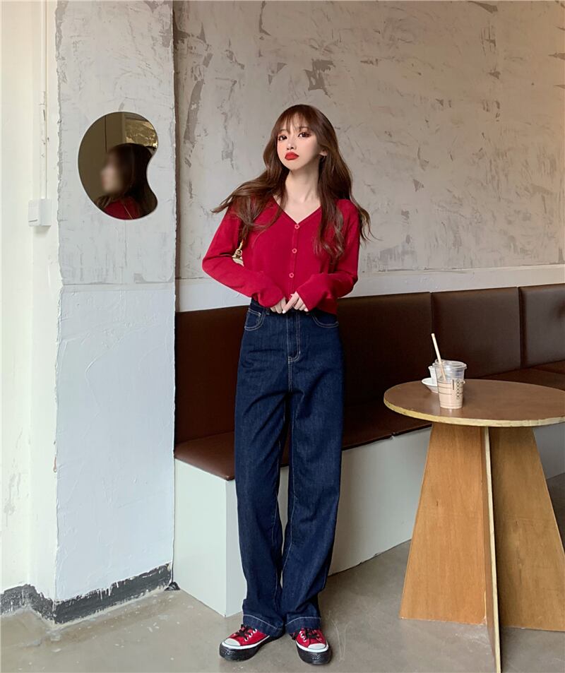 レトロパパジーンズレディース2020年秋ニューハイウエストルーズワイドレッグストレートパンツダークモップパンツ ブラックストロベリース32260187081