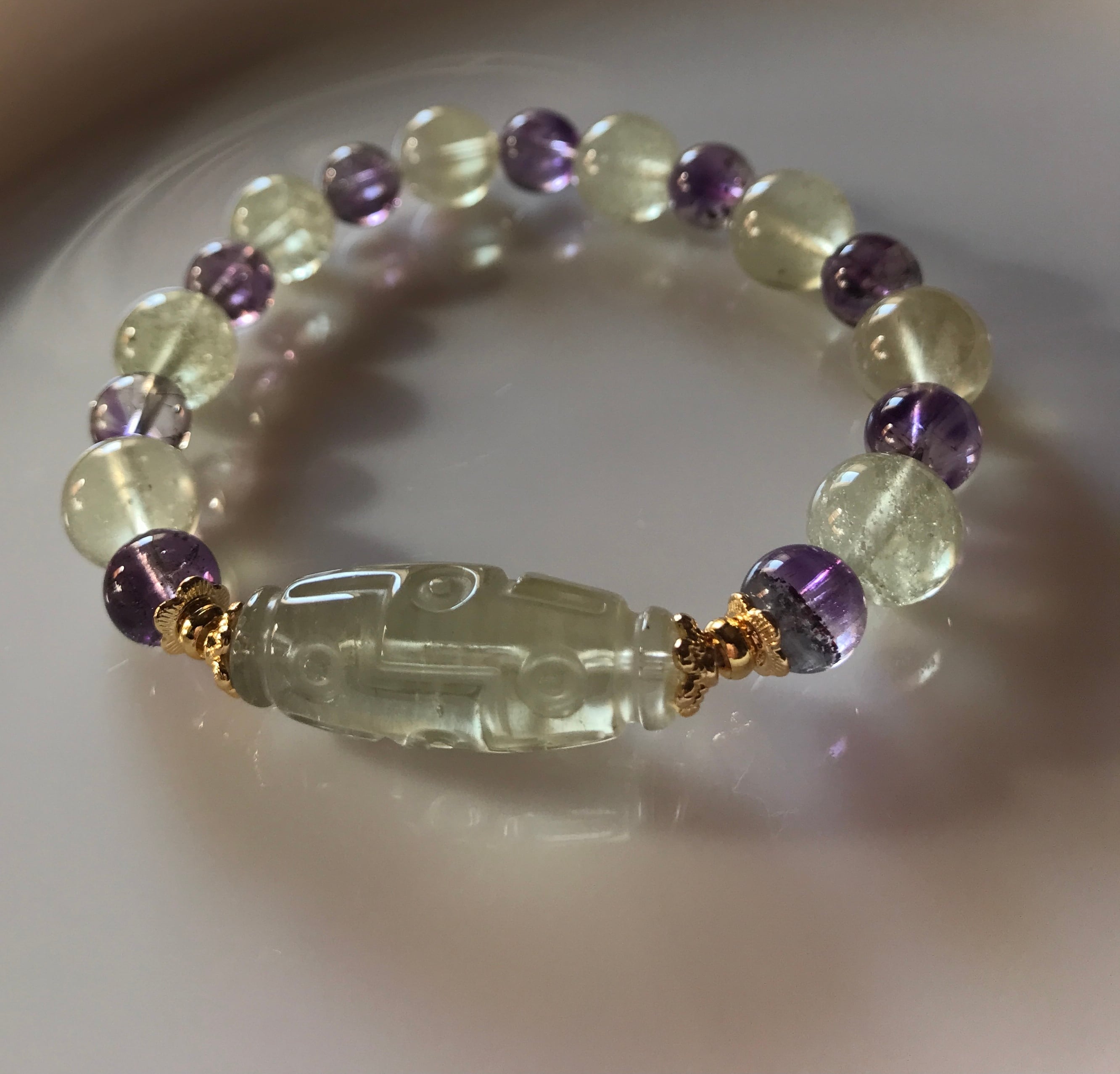 高品質リビアングラス九眼天珠＆アメジストスーパーセブンデザイン  