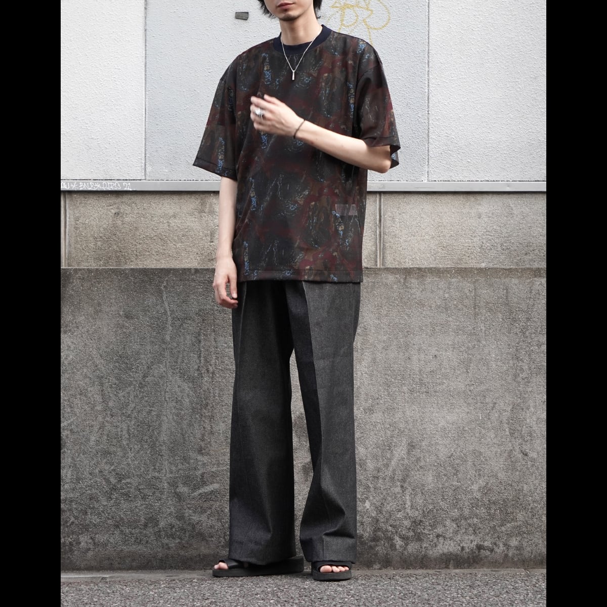 TOGA VIRILIS 22AW / MARBLE PRINT T-SHIRT / BLACK (TV22-JK350)