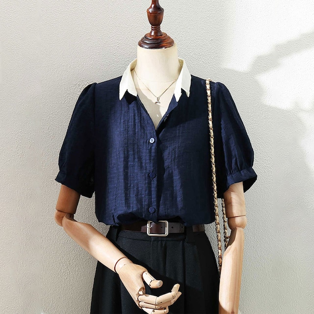 【BFYXシリーズ】★シャツ★ 2color トップス レディース 夏服 配色 フェイクレイヤード レトロ ネイビー 青