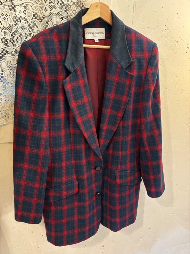 vintage suede collar red × navy check jacket