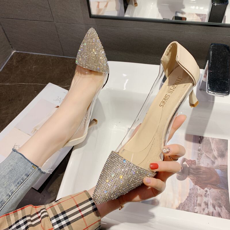 ラインストーンの単一の靴2020春バージョンは透明な妖精スタイルの女性の靴浅い口野生のセクシーなスチレットヒールを指摘しました 部族の婦人靴1853277