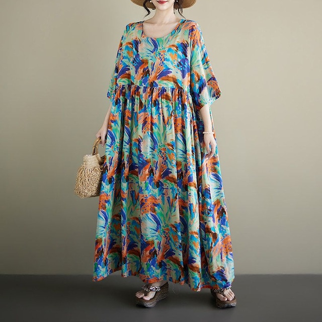 PRINT ROUND NECK SHORT SLEEVE LOOSE MAXI DRESS M-18069
