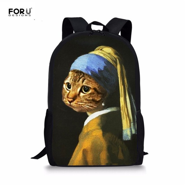 FORUDESIGNS おかしい猫 3D 印刷ランドセル学生モナリザデザインランドセル Bagpack 子供カジュアルなビーチバッグブックリュックサック