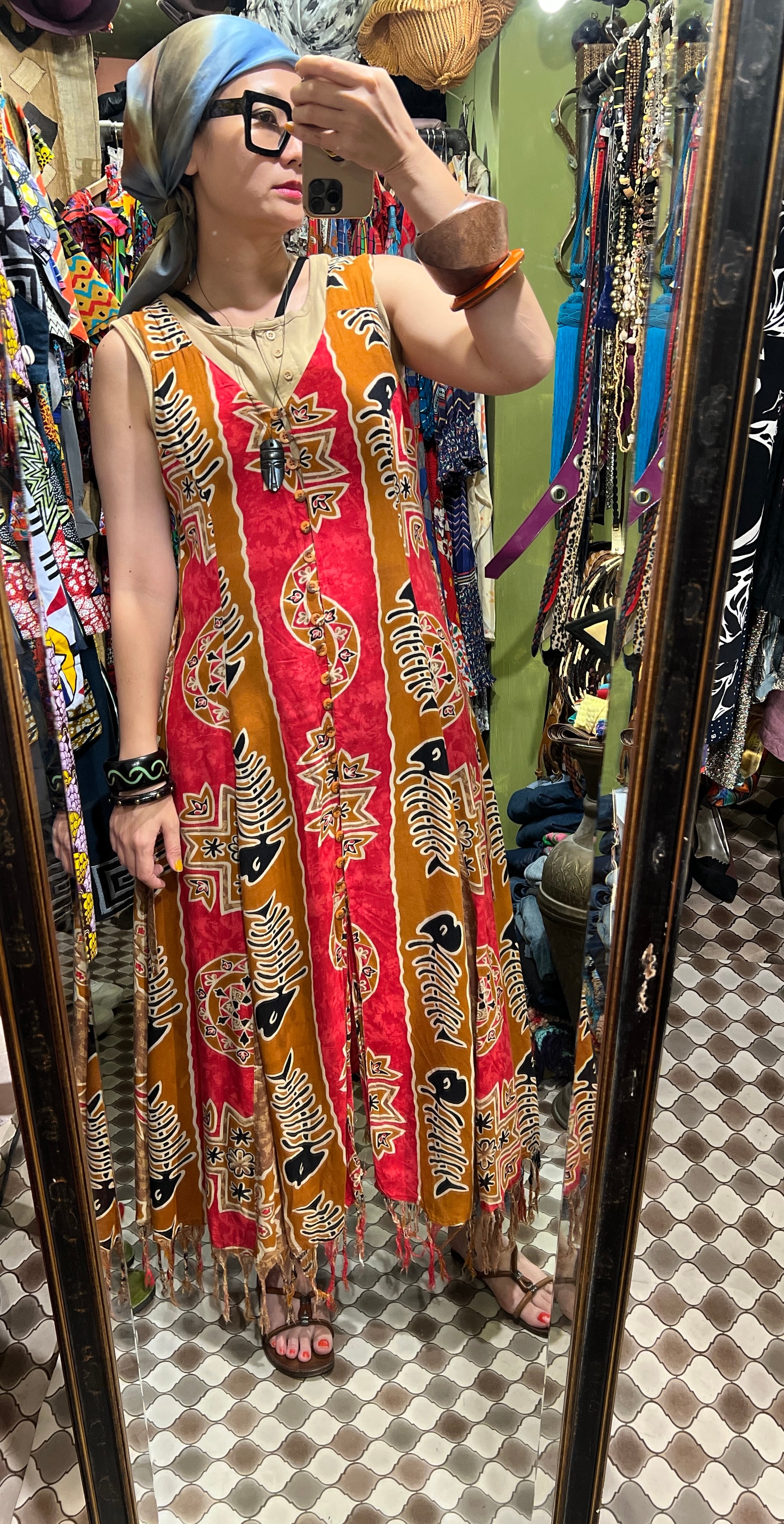 80s-90s fish rayon sleeveless dress
