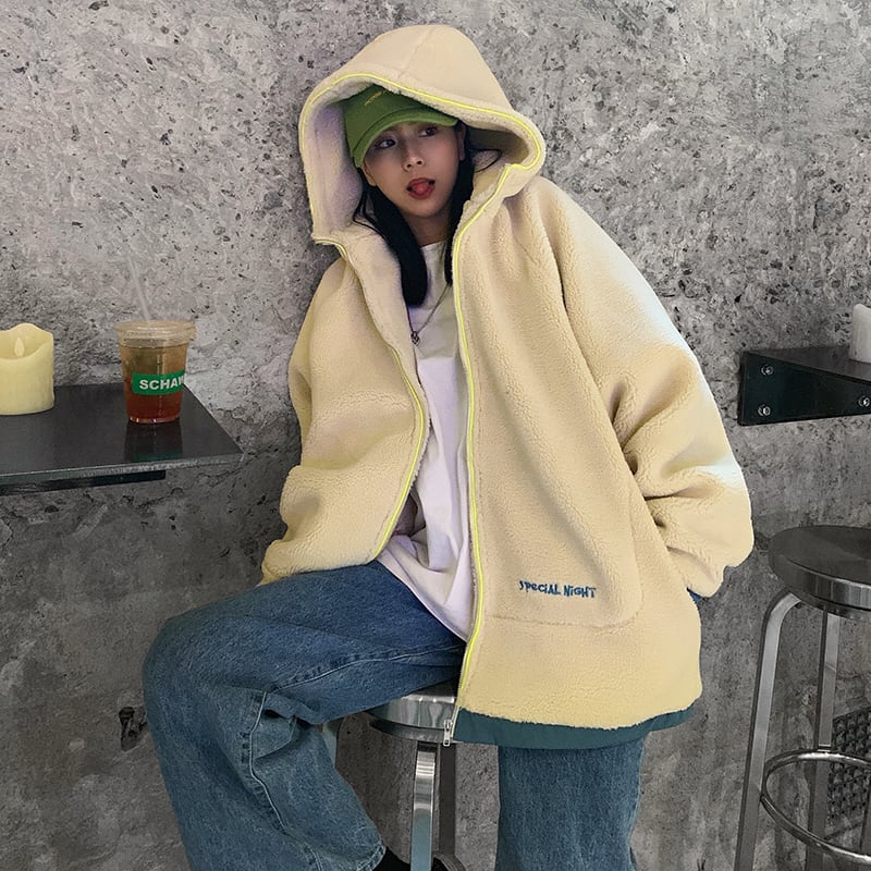 ビッグシルエット カジュアル ジャケット コートフリース レディース アウター フード付き ミディアム丈 長袖 ポケット 刺繍 ジッパー アプリコット 体型カバー メンズライク ゆるカジ リラックス 緩め 体型カバー おしゃれ 男ウケ デート服 モテ 韓国ファッション 通販