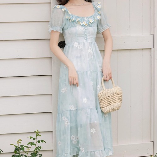 フリルフラワーカラーティアードシフォンワンピ ・69977