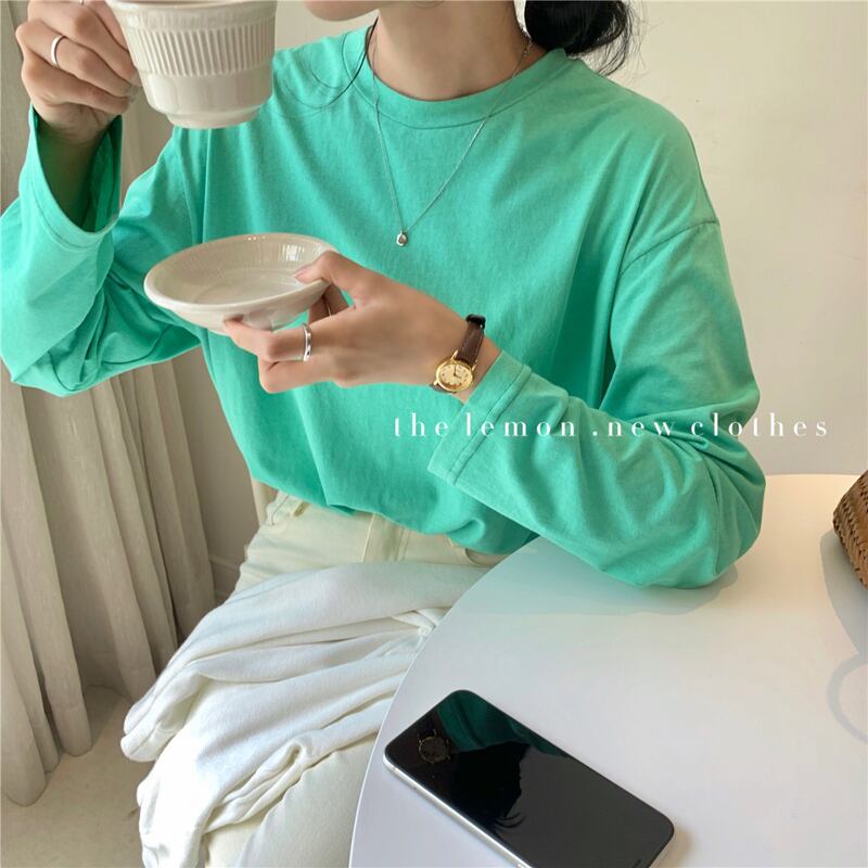 カラーラウンドネックスプリングTシャツ トップス レディース ロング 春物 Oネック ビッグFスモールZ韓国84672930643