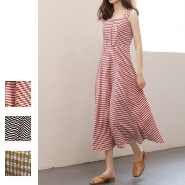 レディース ワンピース トリプルストラップ フロントボタン エレガント エレカジ フェミニン ギンガムチェック バイカラー ロング ミモレ丈 Aライン フレア キャミソールワンピース S/M/L/XL