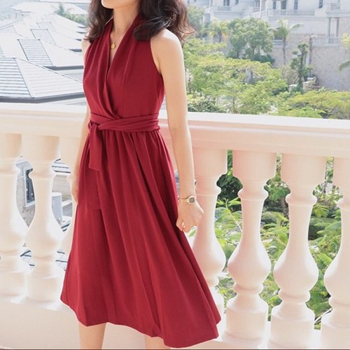 ドレス ワンピース レディース ノースリーブ 膝丈 膝丈ドレス レディース 無地 ウエストリボン ハイウエスト 演奏会ドレス 結婚式 二次会 お呼ばれ ワンピース ノースリーブ かわいい お呼ばれ