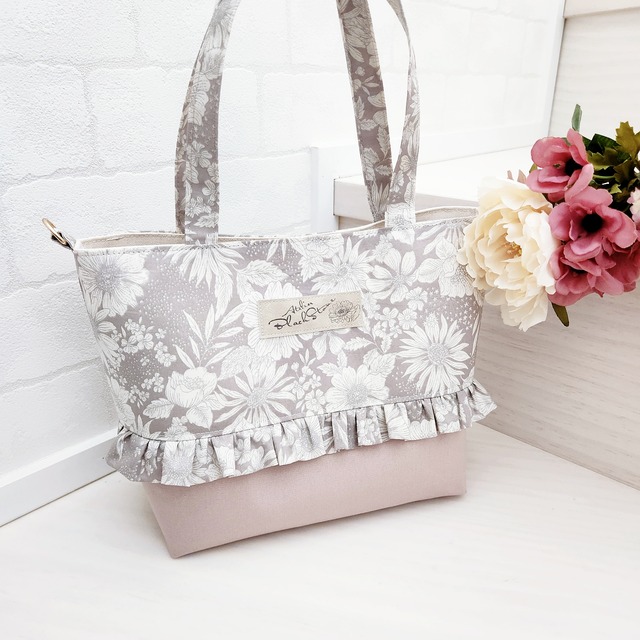 ひまわり柄のフリルミニトートバッグ୨୧(グレージュ×くすみピンク)