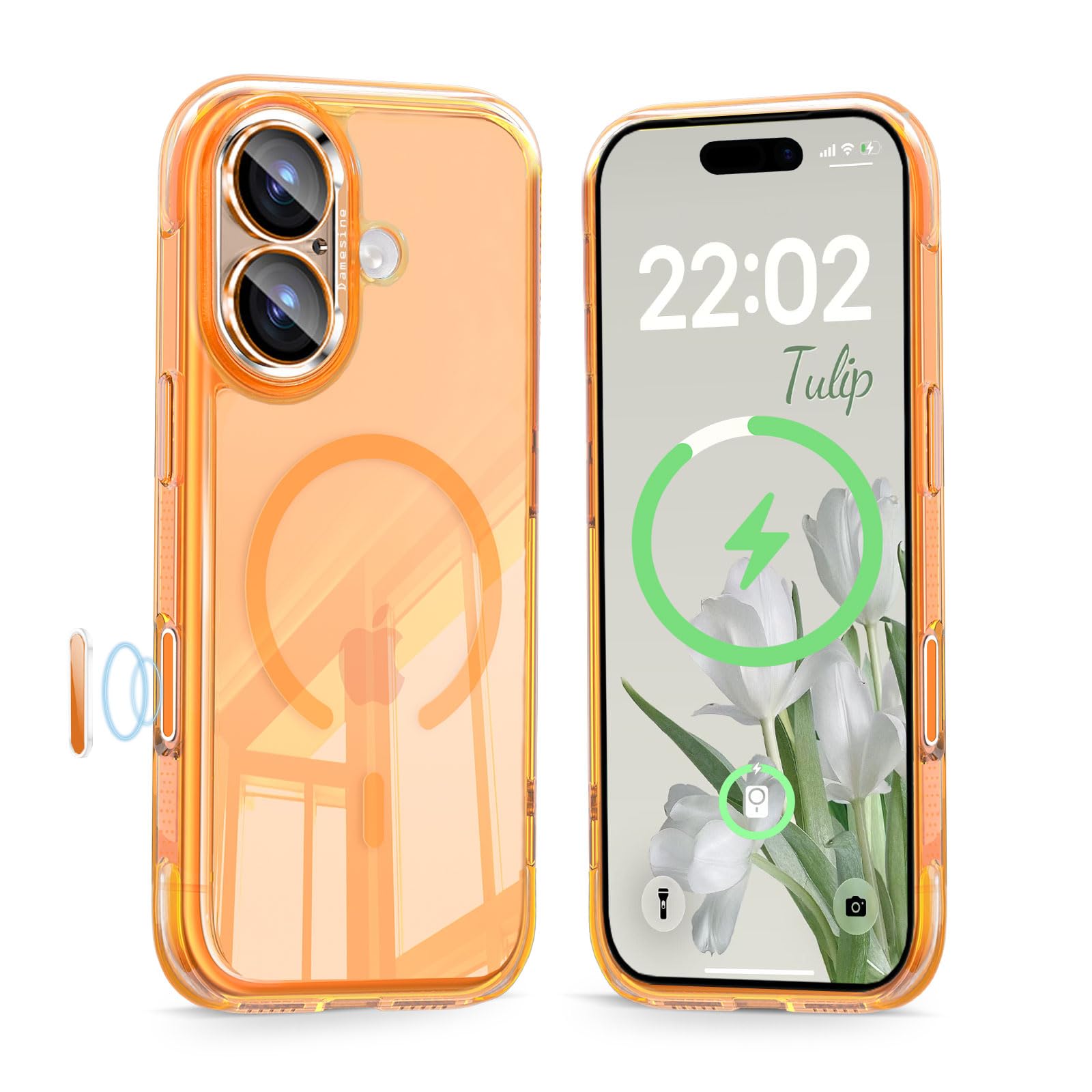 DAMESINE iPhone 17用ケース クリアオレンジ MagSafe対応 薄い軽量 四隅エアバック内蔵耐衝撃 黄変防止 マグネット搭載リング ワイヤレス高速充電 着脱可能カメラカバーキラキラ カメラコントロールボタン付き オシャレアイフォン17ケース クリアオレンジ