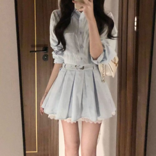 【2点セット】ストライプブラウス＋レースヘムプリーツスカート ・71728