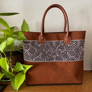Bag 泥染めバッグ中　茶刺繍厚底革持ち手　33x23x8cm