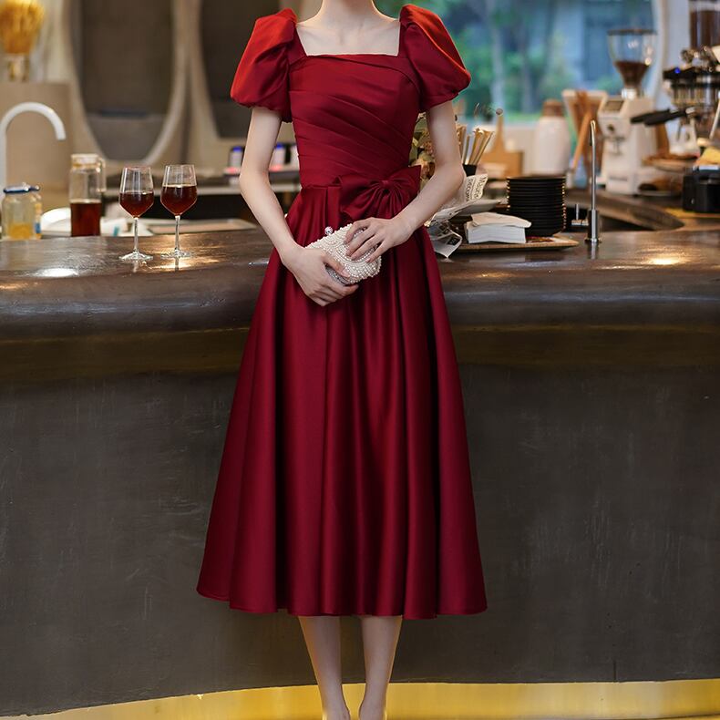 ドレス ミモレ丈 イブニングドレス 大きいサイズ サテン レッド 赤