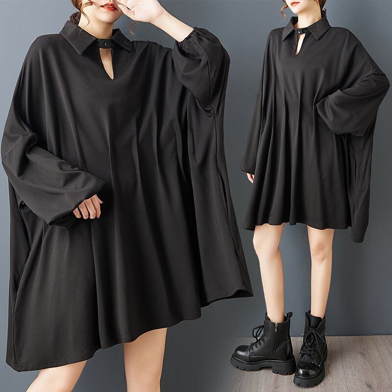 BLACK BAT SLEEVES WIDE MINI DESIGN SHIRT DRESS 1color M-15791