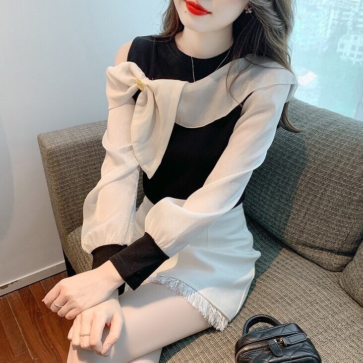 トップス レディース シャツ ブラウス シフォン 長袖 かわいい 大人可愛い きれいめ 上品 エレガント 清楚 フェミニン おしゃれ お洒落 綺麗 お嬢様 こなれ感 ラブリー キュート ロマンチック 抜け感 送料無料 存在感 リボン 無地 OL 通勤 学生 通学 デート お出かけ 女子会 休日 S M L XL 春 秋 10代 20代 30代 韓国 韓国系 着回し 普段使い 重ね着 ギフト プレゼント ファッション コーデ プチプラ モテ トレンド 流行 インスタ映え バイカラー ブラック ホワイト