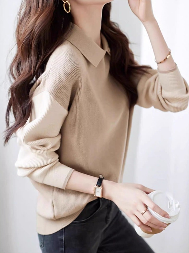 Polo collar long sleeve knit top  L0616