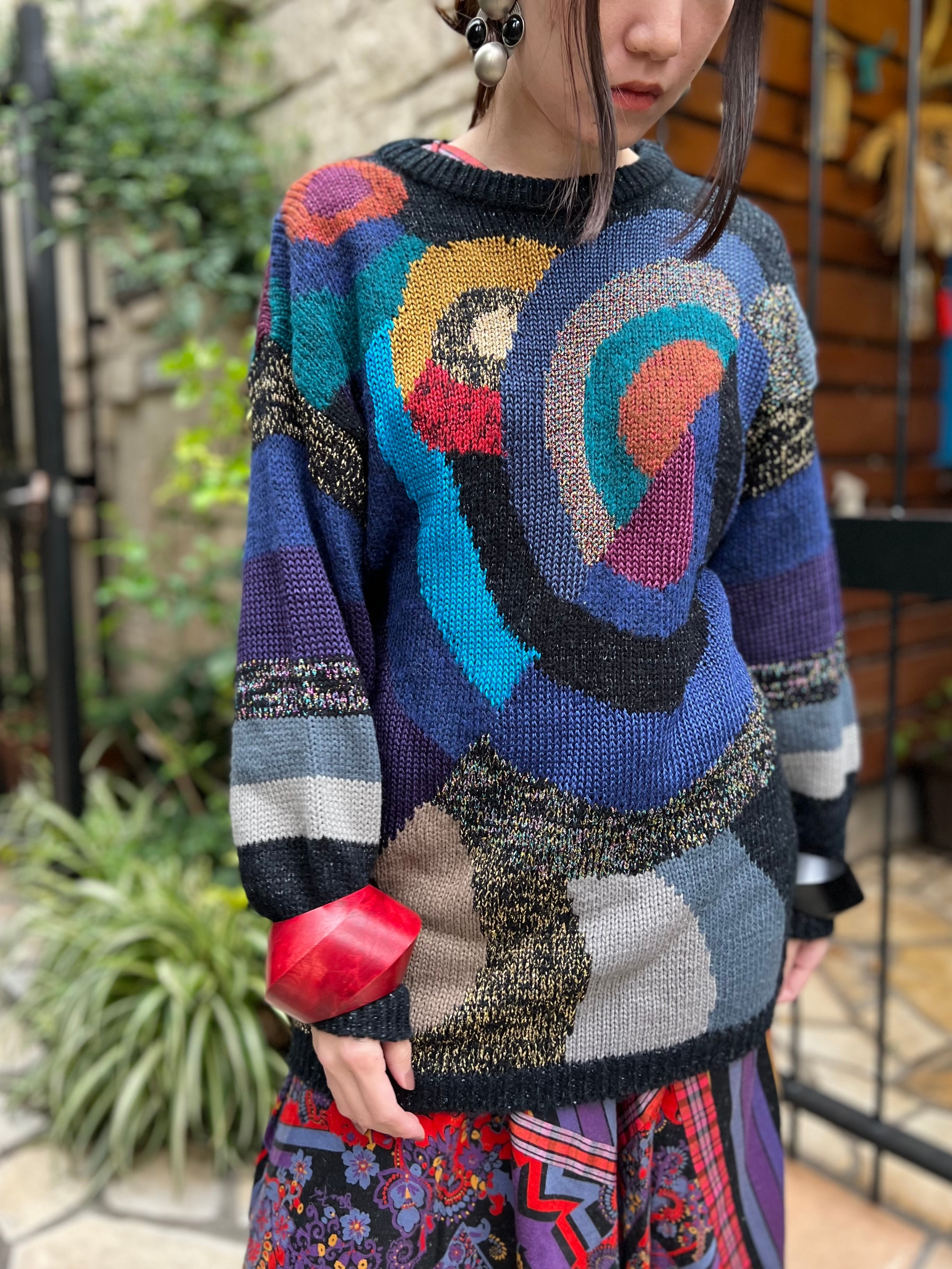80s multicolor × geometric lame knit tops ( ヴィンテージ マルチ 