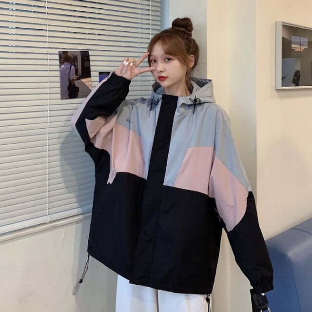 ブルゾン レディース アウター ウィンドブレーカー オーバーサイズ フードつき ブラック×ピンク×グレー ワンサイズ