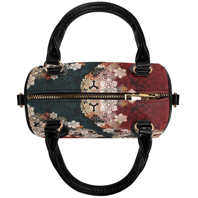 和柄紋様　深緑　ヴィーガンレザーミニボストンハンドバッグ