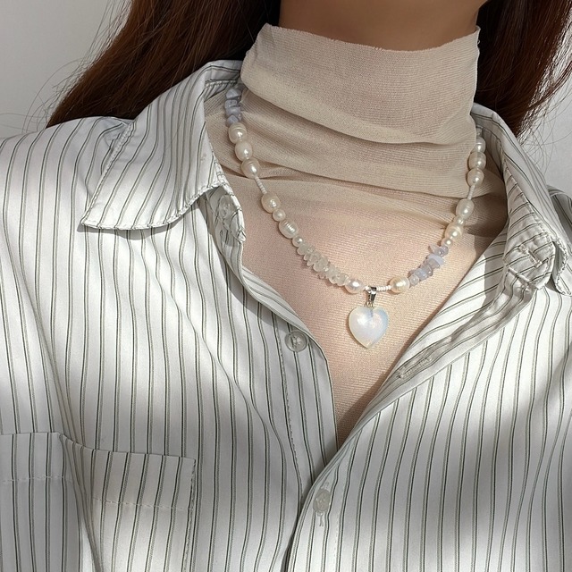 淡水パール×天然石　ハートチャームネックレス ［GSN046OP］