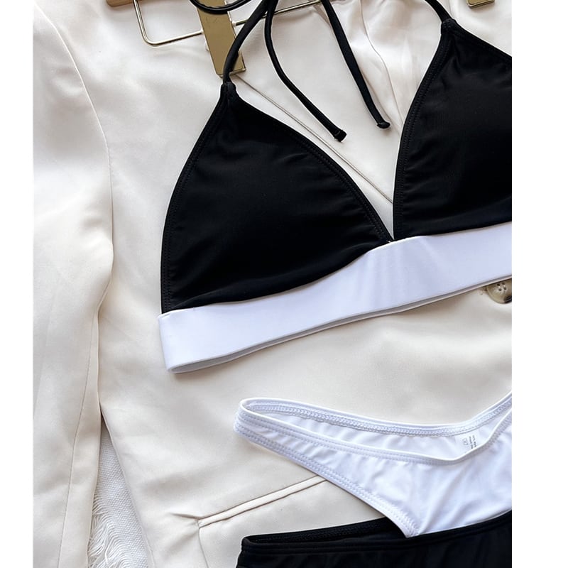 送料無料 黒と白のステッチビキニセット女性の水着セクシーなホルター