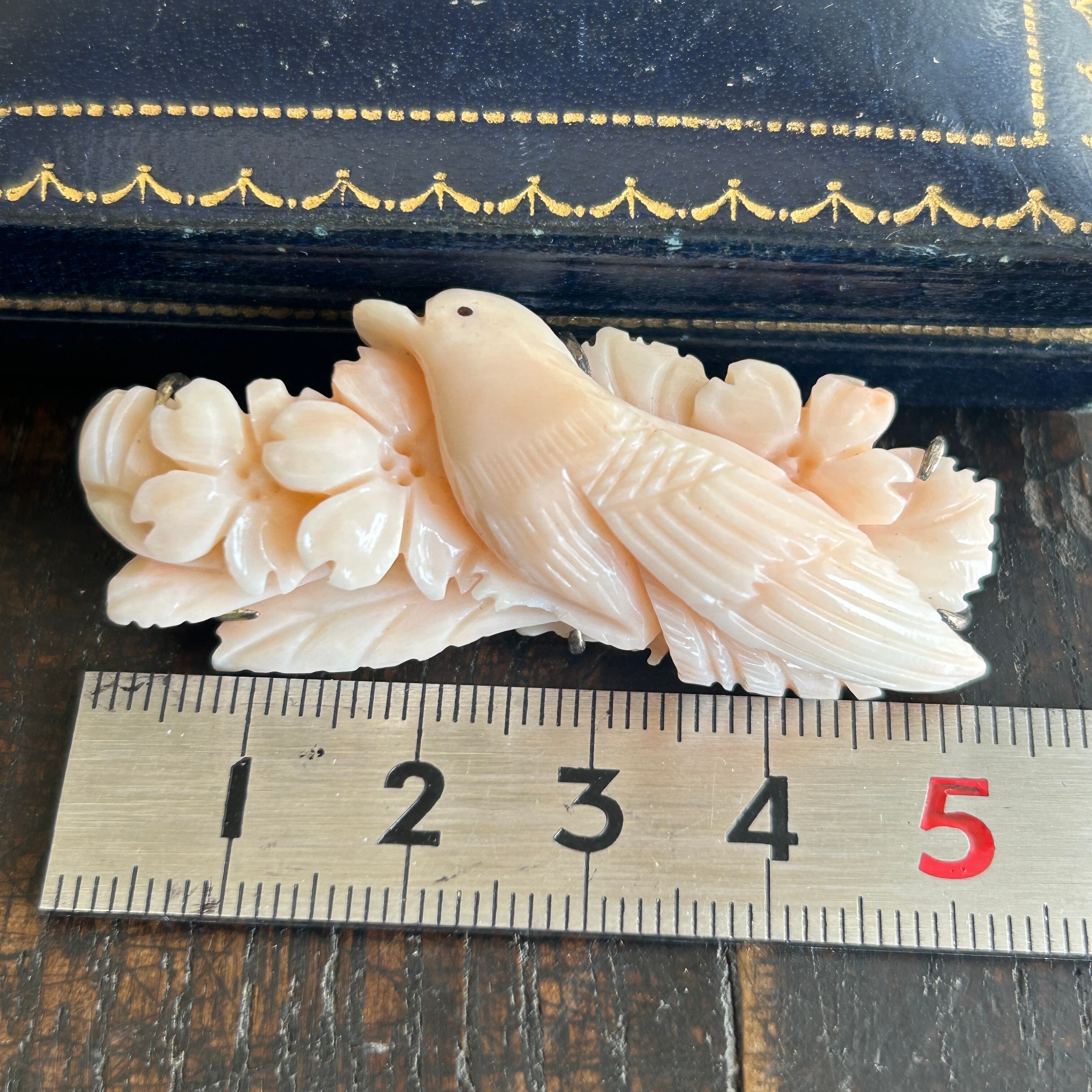 Vintage  薄桃サンゴカービング　桜にヒヨドリのブローチ