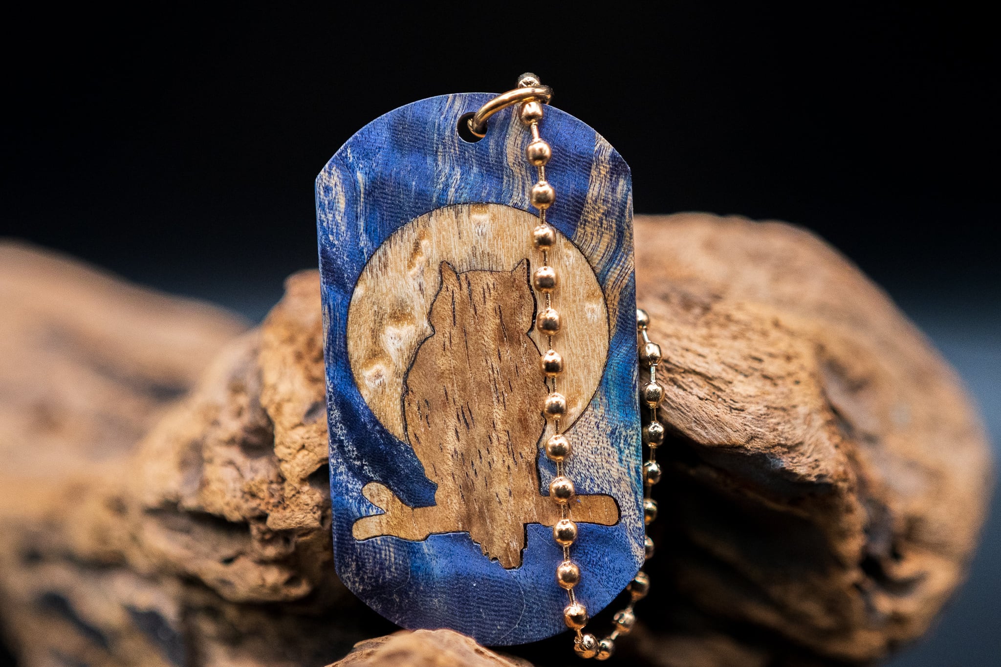 【朧Midnight Shallow】 スタビライズウッド 栃 ドッグタグ 象嵌 夜とミミズク