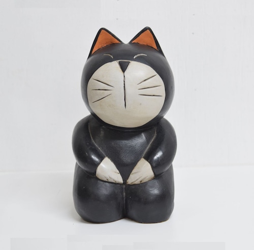 タイランド製　木彫り　お座り猫　ねこ置物　インテリア
