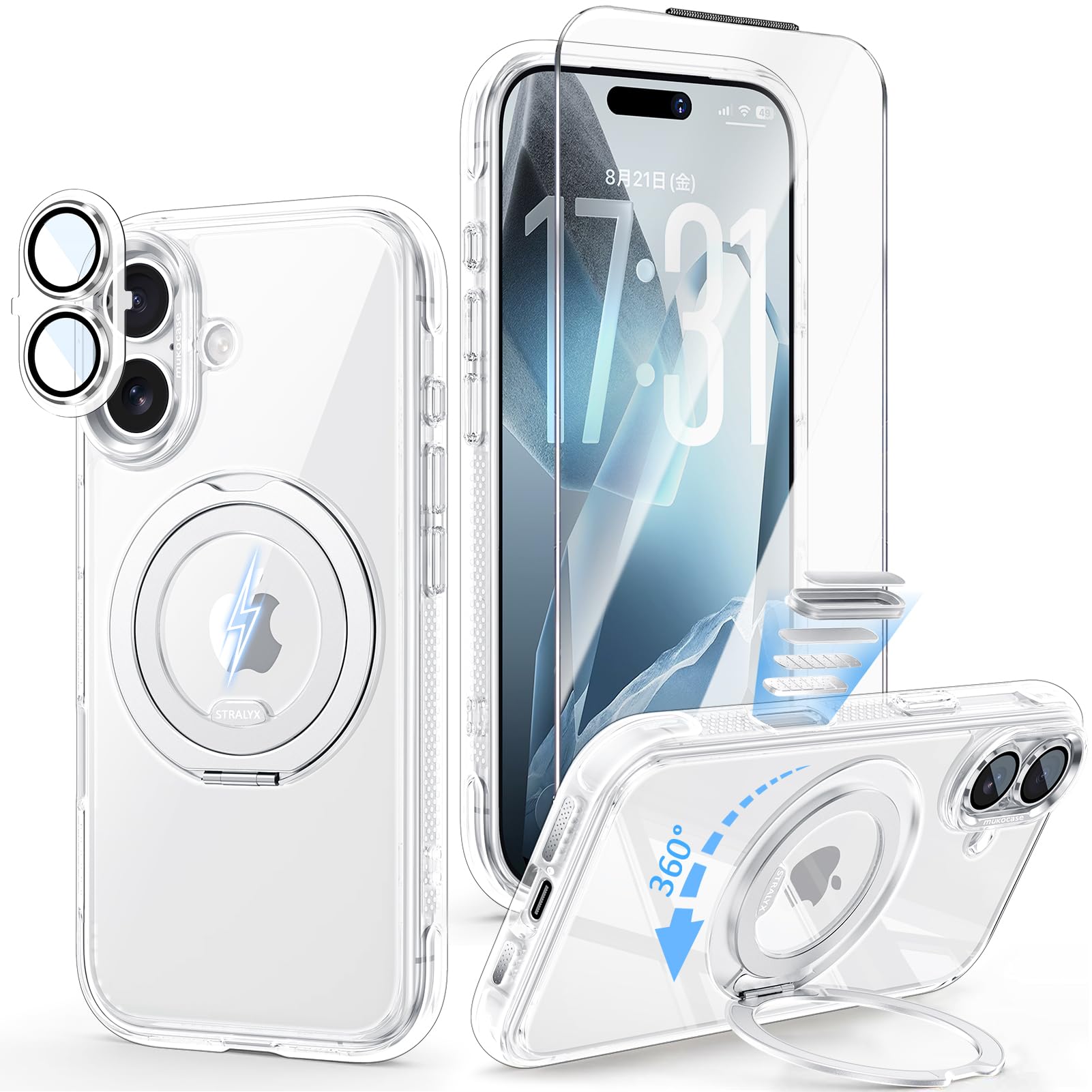 【三重保護セット・新型360°回転スタンド】iPhone 17 用ケース MagSafe対応 U型エアバッグ 超強耐衝撃 (クリア)