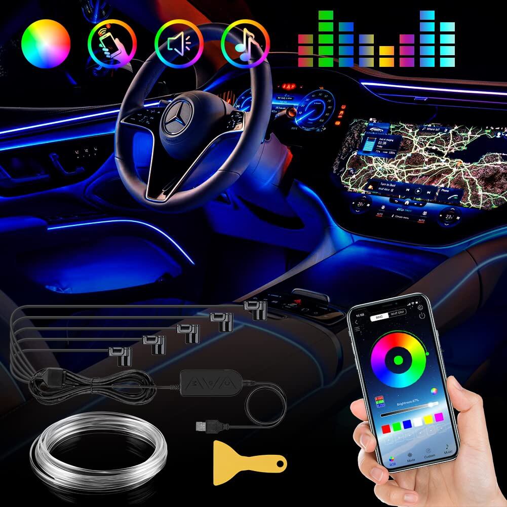 【第2世代】車 LEDライト 車内 アンビエントライト USB式 雰囲気ライト 8色切替 RGB 車用LEDテープ インテリアライト 音に反応 多種モード 防水 APP制御 車内装飾用 高輝度 フットランプ 足下照明 (5 in 1、6M)