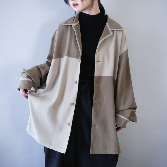 bi-color panel switching design over silhouette open collar shirt
