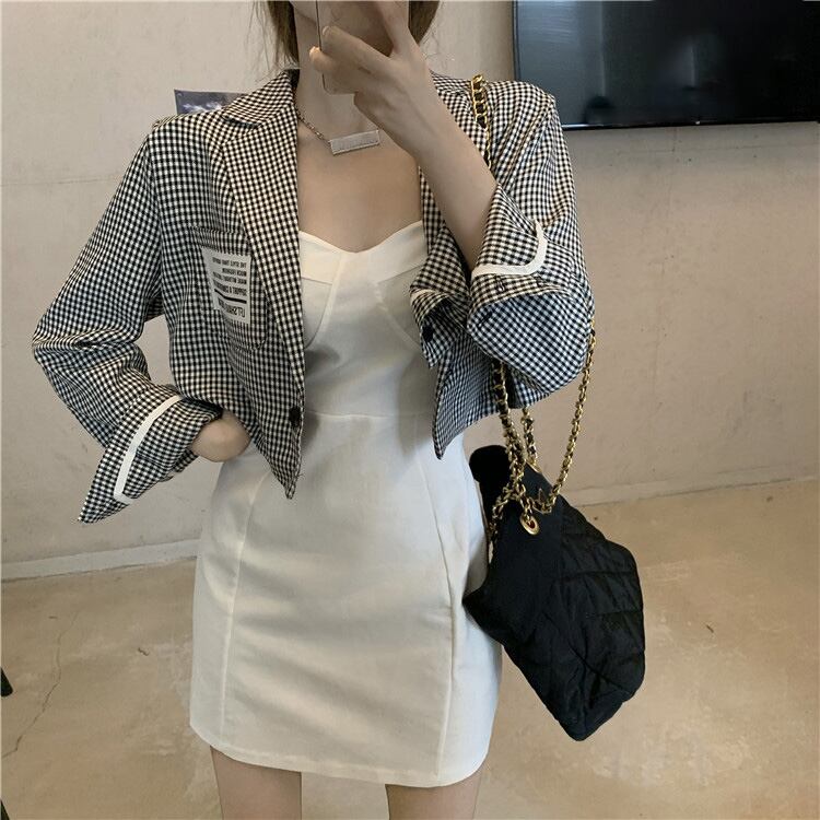センスブラックチェック柄スモールスーツレディース秋スリムスーツ2020新作クロップドトップコート ブラックストロベリース39091702623