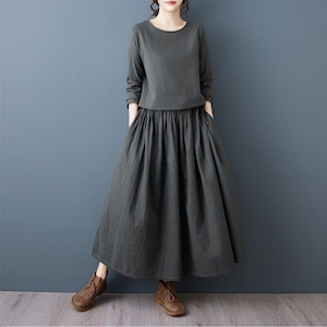 DOUBLE LAYERED TIE WAIST LONG SLEEVE MAXI DRESS M-18280