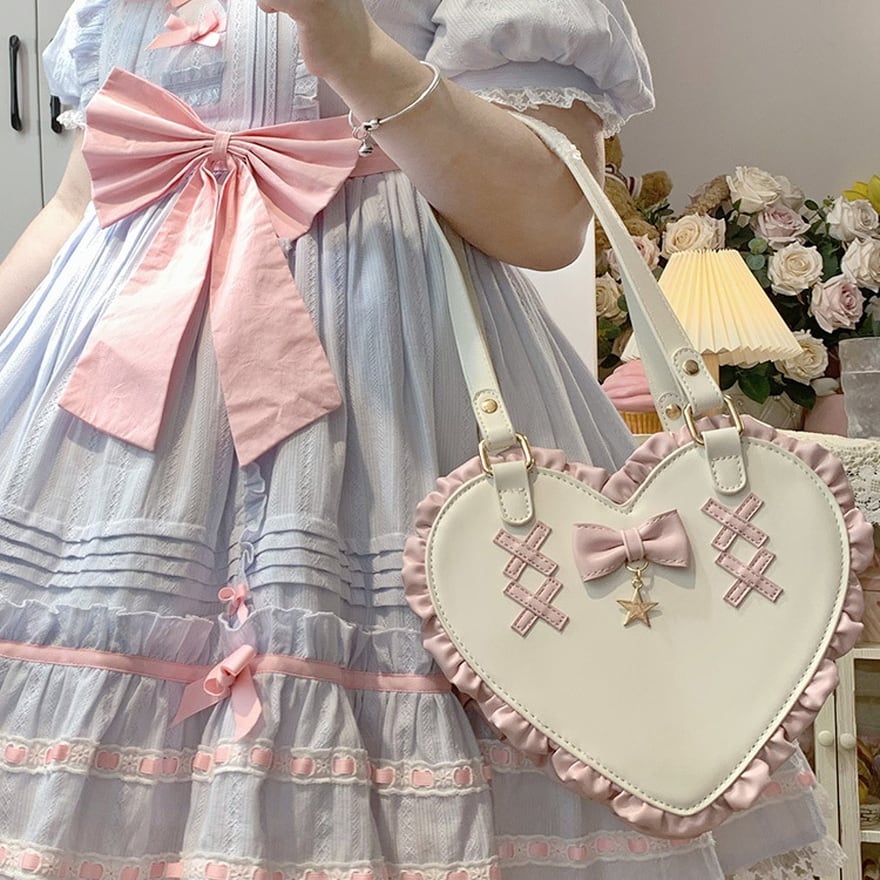 サブカル 服 地雷系 通販 バッグ ハート形 フリル リボン レトロ ハンドバッグ バロック様式 フェイクパール 薔薇 上品 エレガント