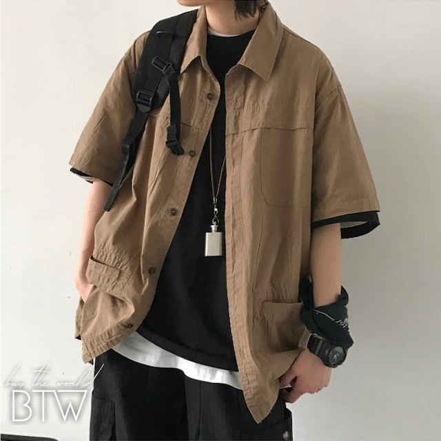 【韓国メンズファッション】ミリタリー風半袖シャツ ゆったり アメカジ レイヤード カーゴ BW2196