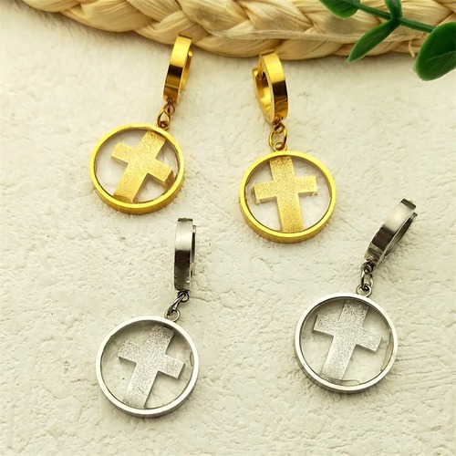ピアス  ステンレス ゴールド シルバー ラウンド ドロップ クロス 揺れる レディース トレンド イエス ダングル