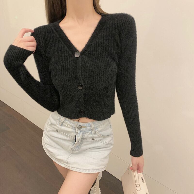 Vネックショートニットカーディガンジャケット オータムスタイルカジュアルトップス ストリート 秋物 ガールズファッション65206978651