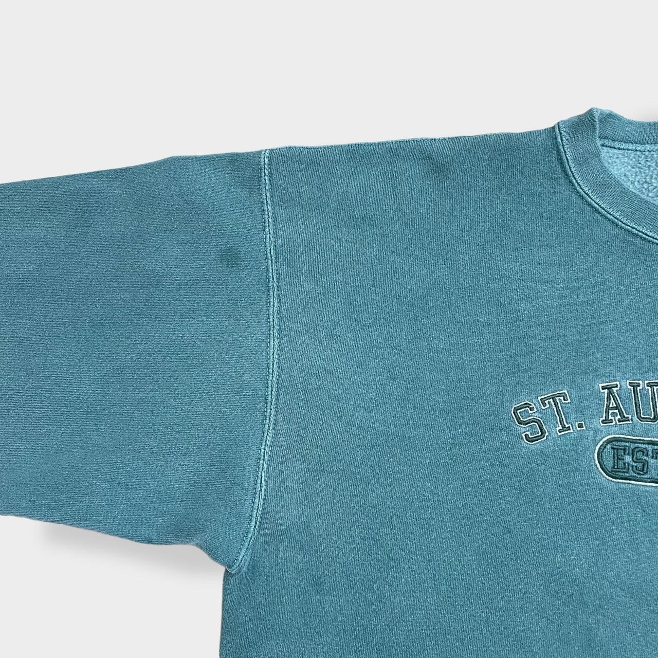 【LAKESHIRTS】USA素材 St. Augustine 刺繍 アーチロゴ スウェット トレーナー プルオーバー くすみカラー アースカラーくすみグリーン M US古着