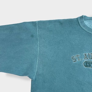 【LAKESHIRTS】USA素材 St. Augustine 刺繍 アーチロゴ スウェット トレーナー プルオーバー くすみカラー アースカラーくすみグリーン M US古着