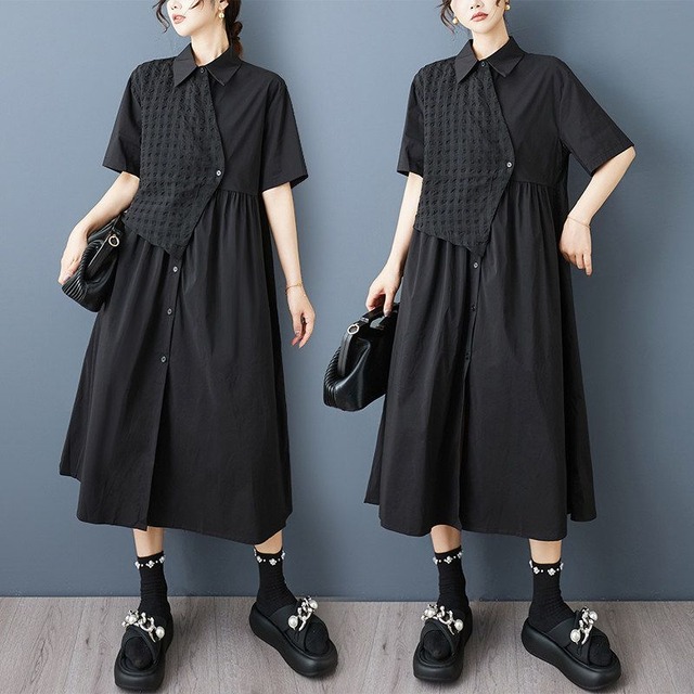 ASYMMETRIC FAUX LAYERED RELAXED SHIRT DRESS M-17348