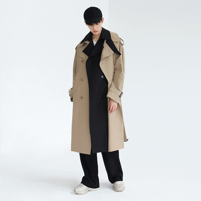 フェイク ダブルデザイン ロング トレンチコート ベージュ 韓国ファッション