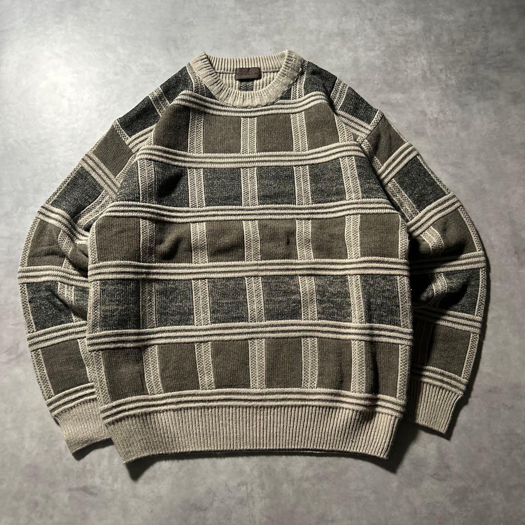 ヴィンテージ チェック 3D 肉厚 幾何学 模様 パターン ニット セーター